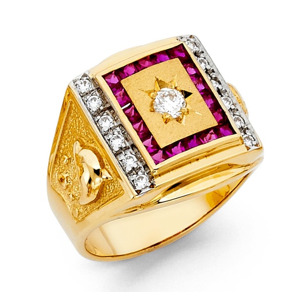 14K Yellow Gold CZ Men's Ring / Ruby